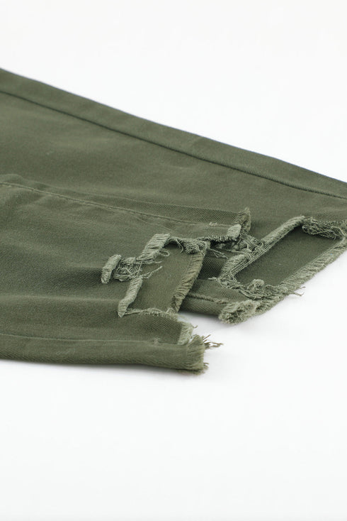 Plain High Waist Buttons Frayed Cropped Denim Jeans